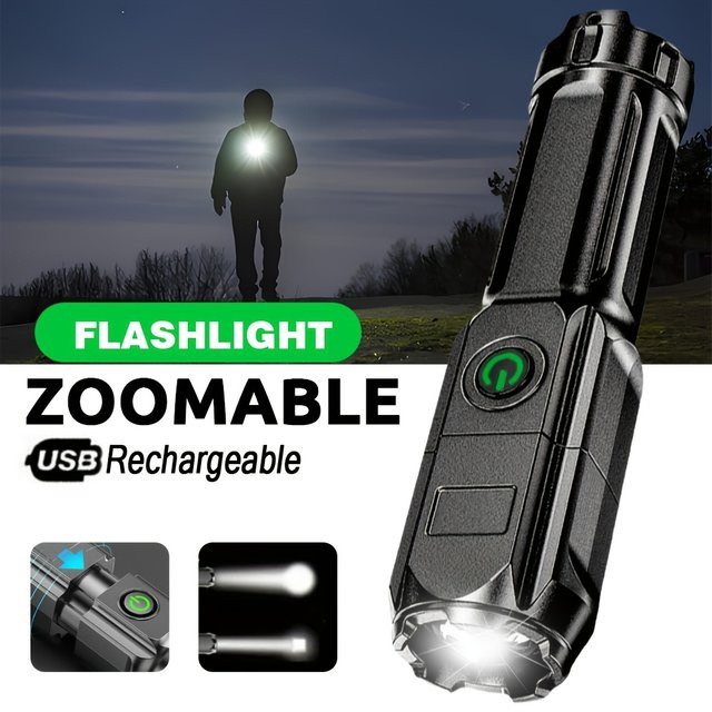 BALDR LED Camping Taschenlampe mit USB-Ladefunktion, wasserdichte High Power Taschenlampe mit Zoom und integrierter Batterie, Schwarz - Bild 1