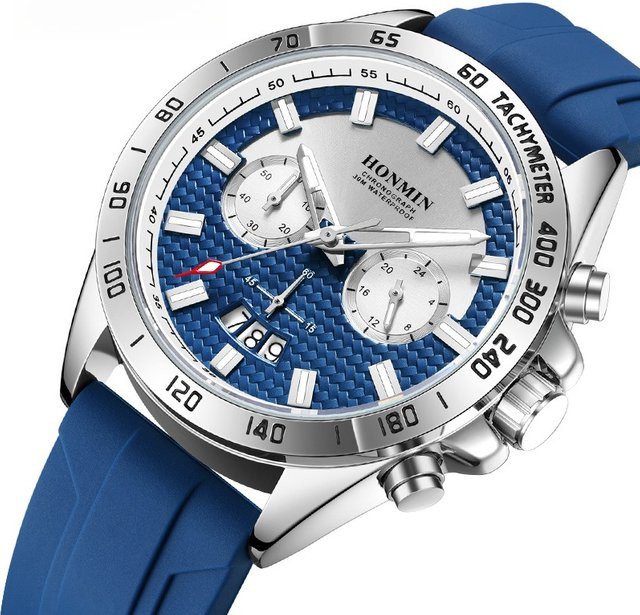 HONMIN Chronograph, Quarz, Edelstahl, Silber, Blau, Herren - Bild 1