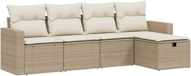 vidaXL 5-tlg Garten-Sofagarnitur in L-Form aus beige farbenem PE-Rattan mit Kissen und pulverbeschichtetem Stahlgestell - Bild 1