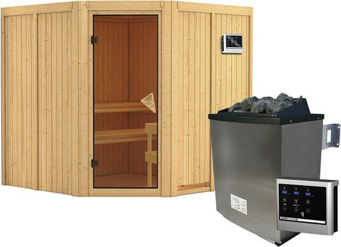 Karibu Sauna Vöru aus Fichtenholz mit 9 kW Saunaofen und externer Steuerung für 4 Personen, Farbe: beige, B/T/H: 196 x 198 x 196 cm - Bild 1