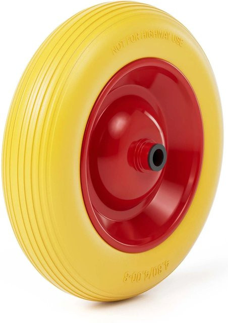 Wiltec Schubkarren Ersatzrad aus Polyurethan (PU) in Rot und Gelb, Pannensicher, Größe 3.50-8, Tragkraft 130 kg - Bild 1
