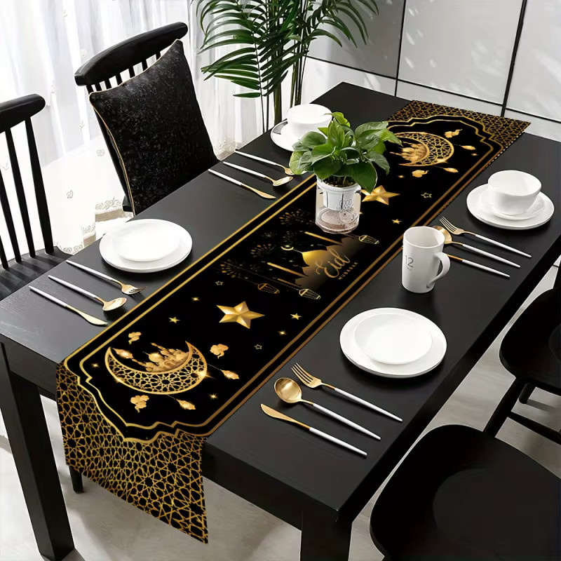 VIKAMA Tischläufer Ramadan in Schwarz-Gold mit Stern- und Mond-Motiv aus Leinen, B/H: 90 x 33 cm - Bild 3