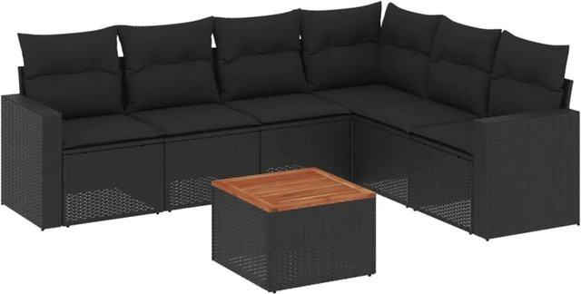 vidaXL 7-tlg Garten-Sofagarnitur in L-Form aus schwarzem PE-Rattan mit Kissen und pulverbeschichtetem Stahlgestell - Bild 1