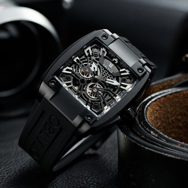 OBLVLO Armbanduhr Automatik, Tonneau, Edelstahl, Schwarz, Kautschuk, Herren - Bild 1