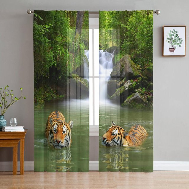 Transparente Vorhänge mit Dschungel Wildtiere Tiger Motiv von Household supplies MH, Farbe Schwarz und Transparent, B: 135 cm, H: 115 cm - Bild 1