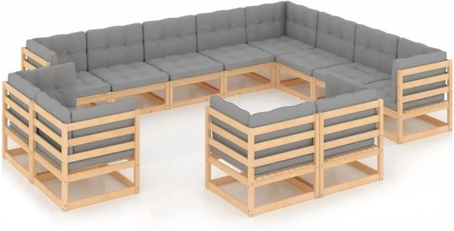 vidaXL 12-tlg Garten-Lounge-Set Modell 6 aus massivem Kiefernholz in U-Form mit grauen Polsterkissen - Bild 1