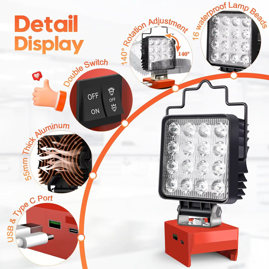 WAAJEA LED Arbeits-Flutlicht mit USB und Typ-C Ladefunktion für Dewalt und Milwaukee Akkus, Schwarz - Bild 2