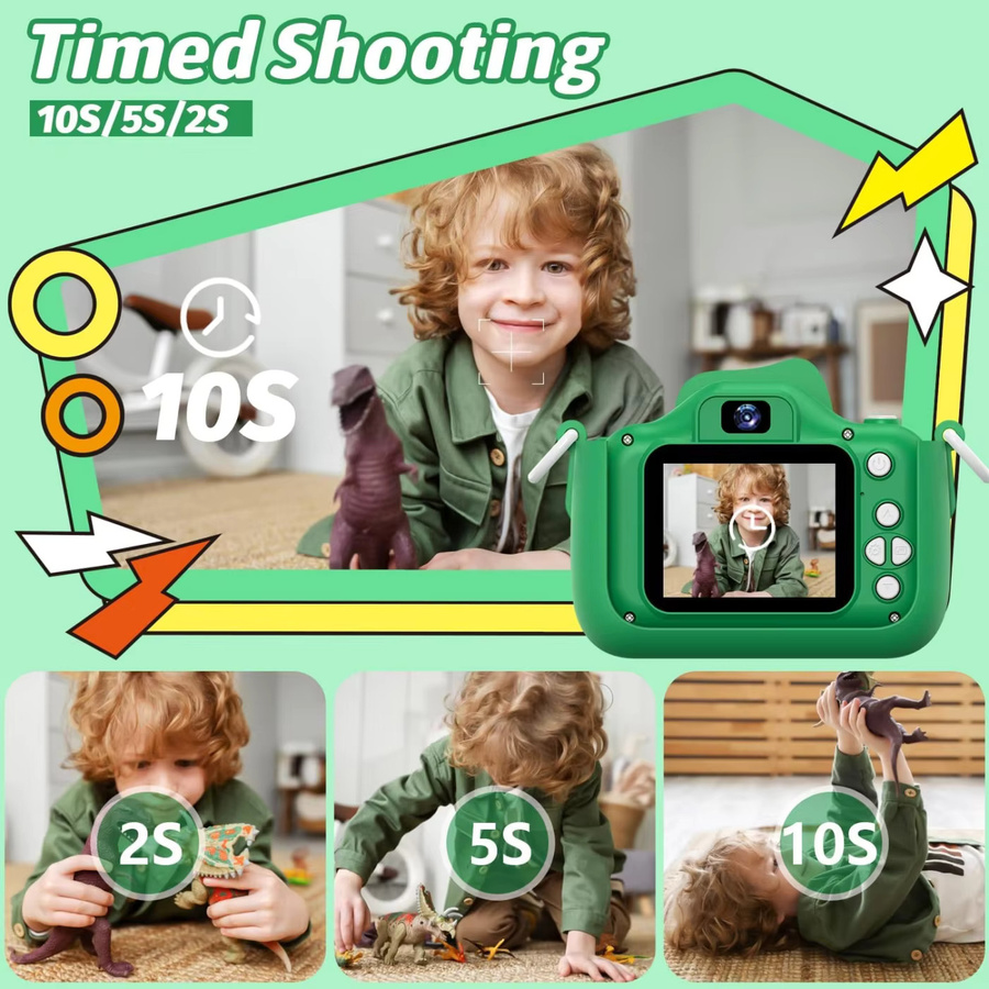 INOCTI Dinosaurier Kinderkamera, Digitale Selfie-Videokamera, Blau Grün - Bild 3