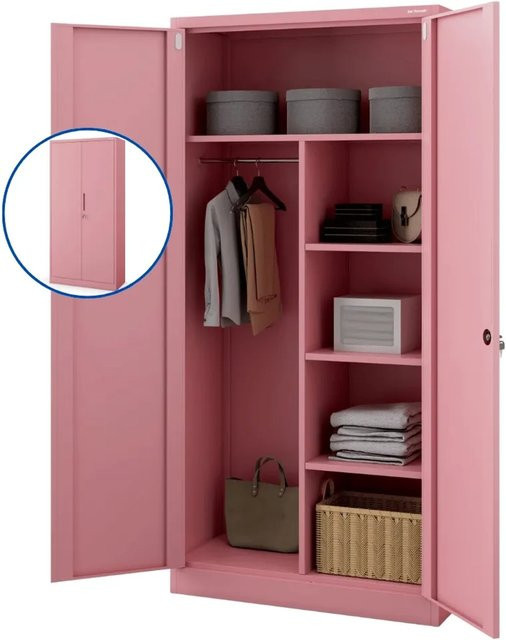 DELUKE Mehrzweckschrank aus Stahl mit Schloss und Kleiderstange in Rosa, H: 185 cm, B: 90 cm, T: 45 cm - Bild 1