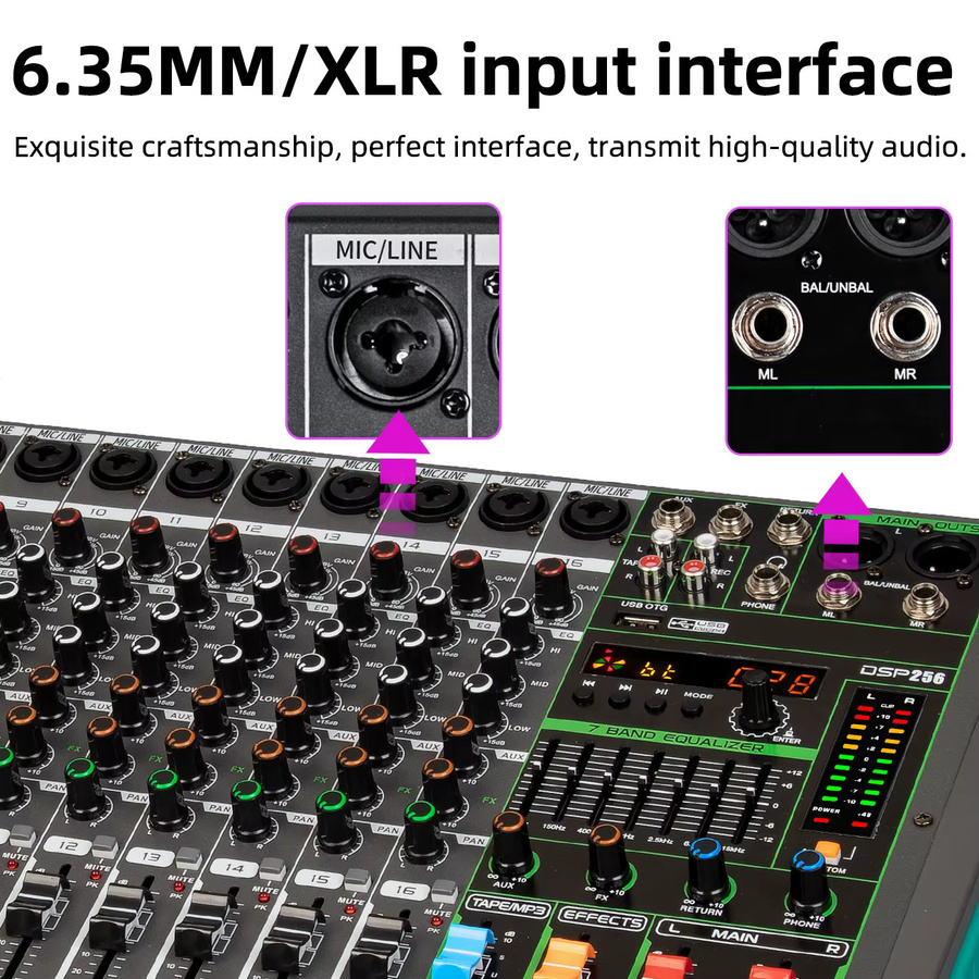 Depusheng Audio-Soundmixer DJ-Konsole mit USB, 48V Phantomspeisung und 256 DSP-Effekten in Schwarz - Bild 5