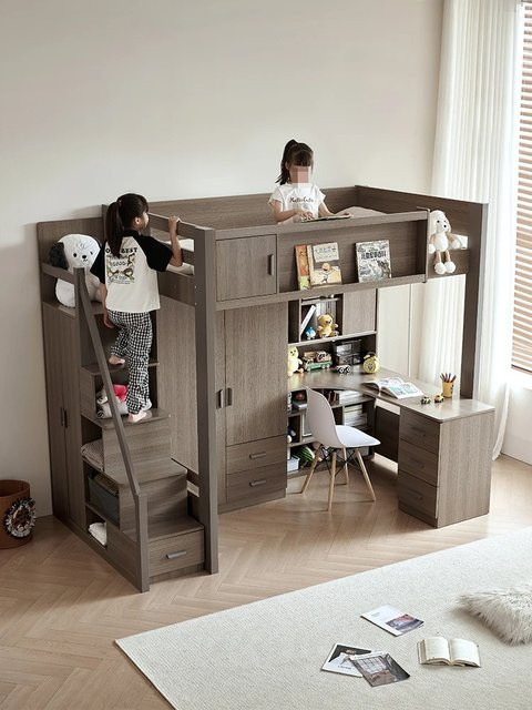 Multifunktionales Hoch- und Niedrigkombinationsbett für Kinder mit integriertem Kleiderschrank und Treppe in Braun - Bild 1
