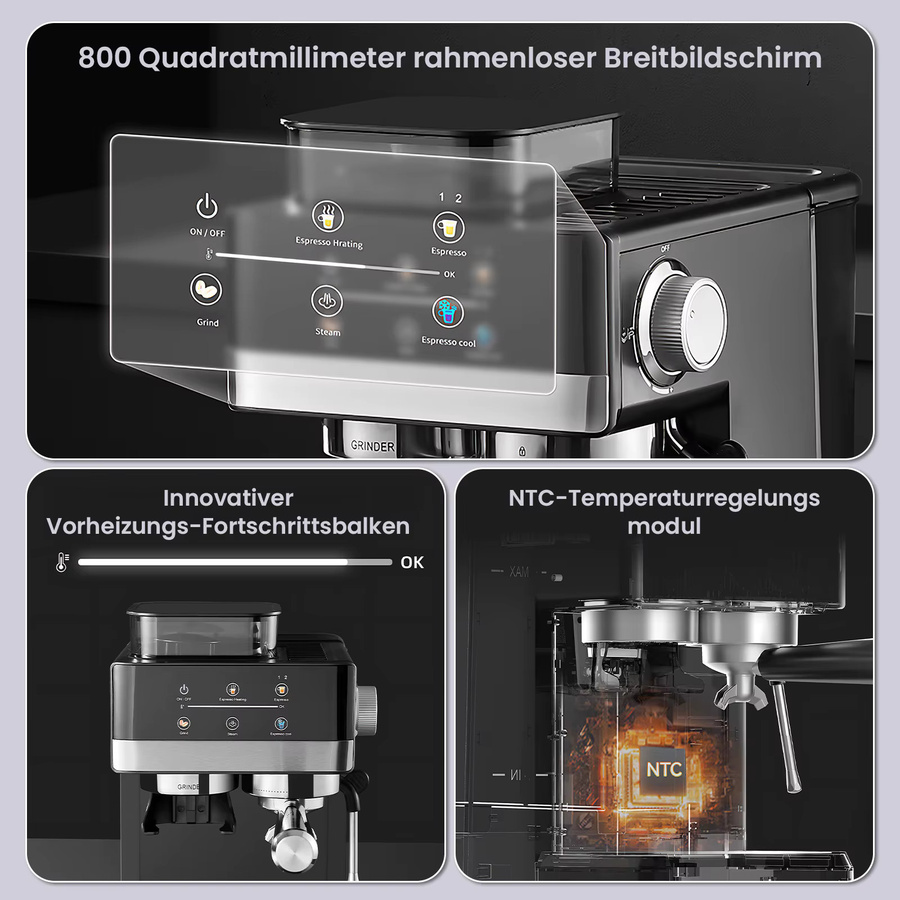 Aiorber Espressomaschine mit integriertem Mahlwerk in Schwarz, 20 Bar, 1350W, Dual-Extraktion mit Touchscreen und 1,8 l Wassertank - Bild 5