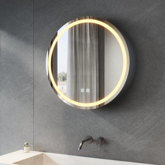 SONNI Badezimmer Spiegelschrank mit LED-Beleuchtung und Steckdose, Rund, Dunkelgrau, B/H/T: 60 x 60 x 14 cm - Bild 1