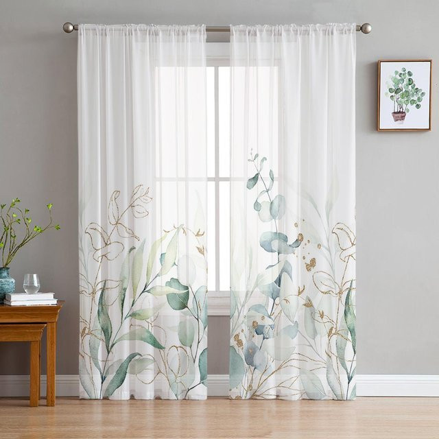 Tonnika Chen Lichtfilternde Voile Vorhänge aus Polyester mit Eukalyptus-Blattmuster in Grün, B: 100 cm, H: 130 cm, 2er-Set - Bild 1