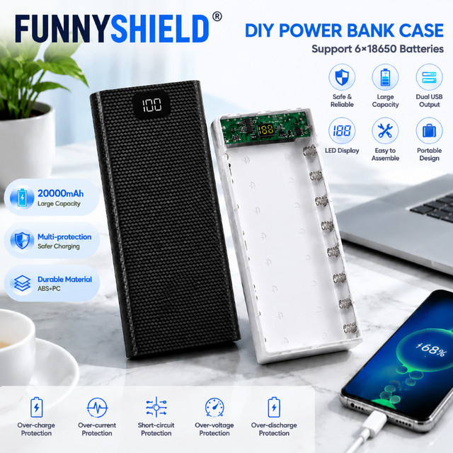 FUNNYSHIELD DIY Powerbank-Gehäuse für 8x 18650 Akkus mit Dual USB und Typ C in Schwarz - Bild 1