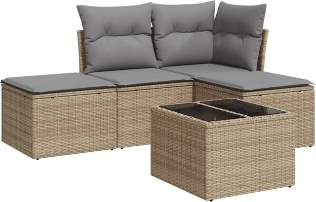 vidaXL 5-tlg Garten-Sofagarnitur in L-Form aus Poly Rattan mit beigen Kissen und pulverbeschichtetem Stahlgestell - Bild 1