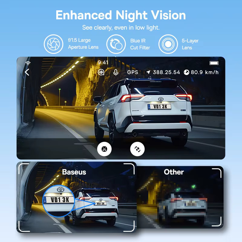 Baseus 3K Dash Cam VD1 Auto DVR Kamera mit Vorder- und Rückkamera, integriertem GPS und 24H Parkplatzüberwachung, Schwarz - Bild 4