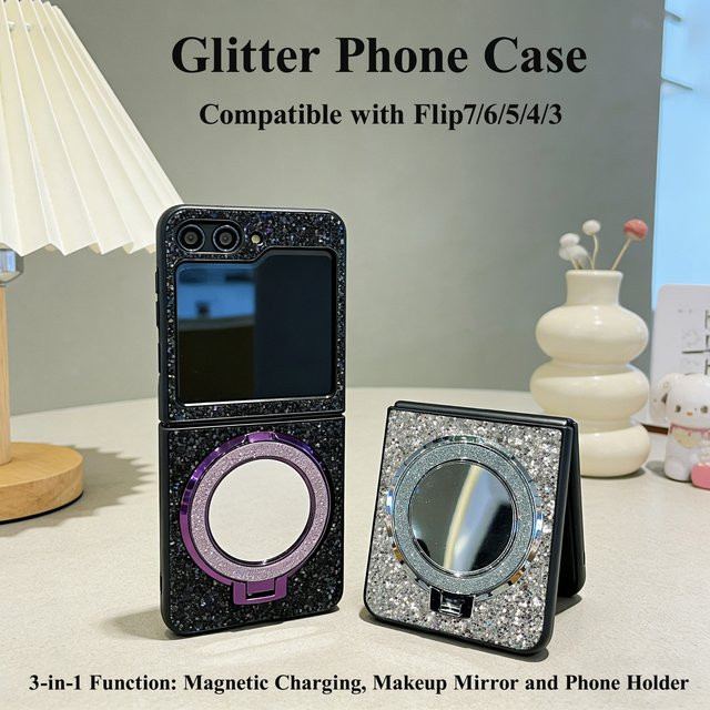 Luxuriöse Kunstleder-Schutzhülle mit glänzenden Strass-Diamanten für Samsung Galaxy Z Flip 7 6 5 4 3 in Weiß mit Spiegelhalter und Hartschalen-Schutz - Bild 1