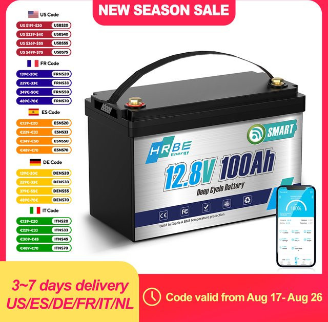 HRBEEnergy 12V 100Ah Smart Bluetooth LiFePO4 Batterie, 12,8V Lithium-Eisenphosphat-Batterie mit 100A BMS in Schwarz für Marine, Off-Grid, Trolling-Motor, Wohnmobil und Solar - Bild 1