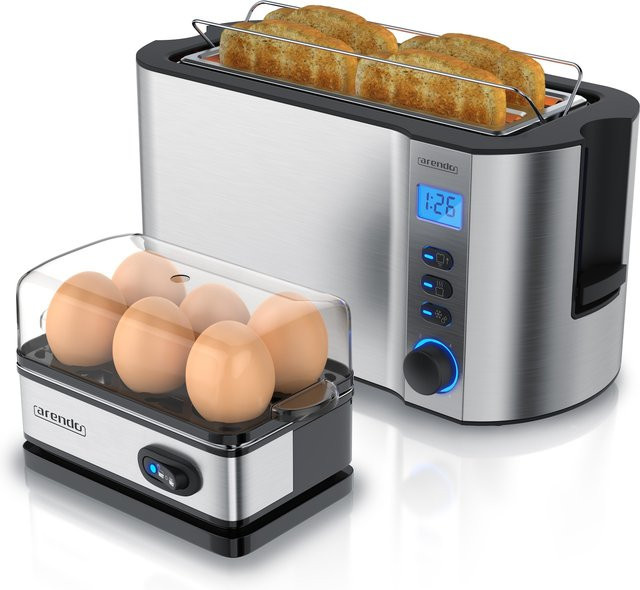 Arendo 2-teiliges Frühstücksset aus Edelstahl mit 4-Scheiben Langschlitz Toaster und 6er Eierkocher in Silber - Bild 1