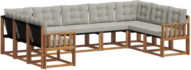 vidaXL Outdoor-Sofagarnitur L-Form aus Akazienholz mit Textilene und Kissen in Natur und Hellgrau - Bild 1