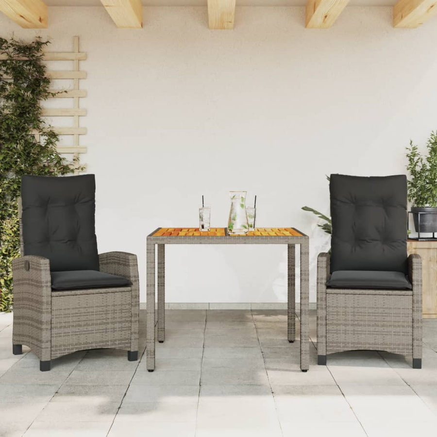 vidaXL 3-teilige Garten-Essgruppe aus Akazienholz und grauem PE-Rattan mit Kissen, B/T/H: 93 x 66 x 66 cm - Bild 3