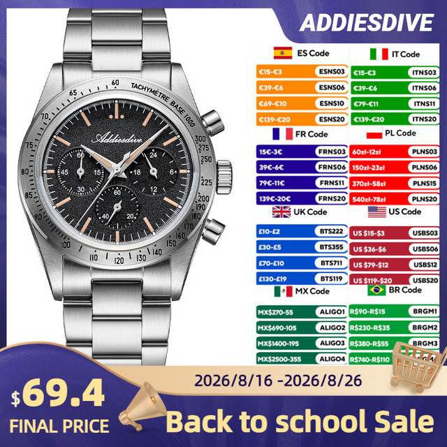 ADDIESDIVE Chronograph, Quarz, Edelstahl, Schwarz, Herren - Bild 1