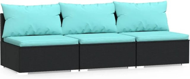 vidaXL 3-Sitzer-Sofa aus Poly-Rattan in Schwarz mit blauen Auflagen und Metallgestell für Garten und Terrasse - Bild 1