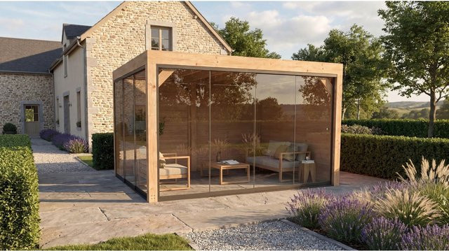 Weka Gartenlaube Lumley in Braun mit 2 Glasschiebetüren und 2 Holzwänden, B/T/H: 399 x 307 x 245 cm - Bild 1