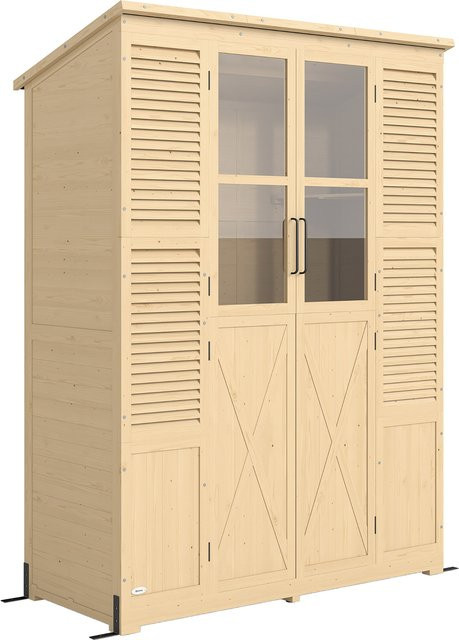 Outsunny Gartenschrank aus Holz als begehbarer Geräteschuppen mit Doppeltür, Acrylfenstern und Asphalt-Dach in Braun/Beige, B/T/H: 147 x 68 x 198 cm - Bild 1