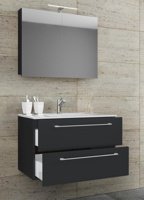 VCM Badinos 3-tlg. Waschplatz Set in Schwarz Matt mit Spiegelschrank, Waschbecken und Unterschrank, B/T/H: 80 x 46 x 50 cm - Bild 1
