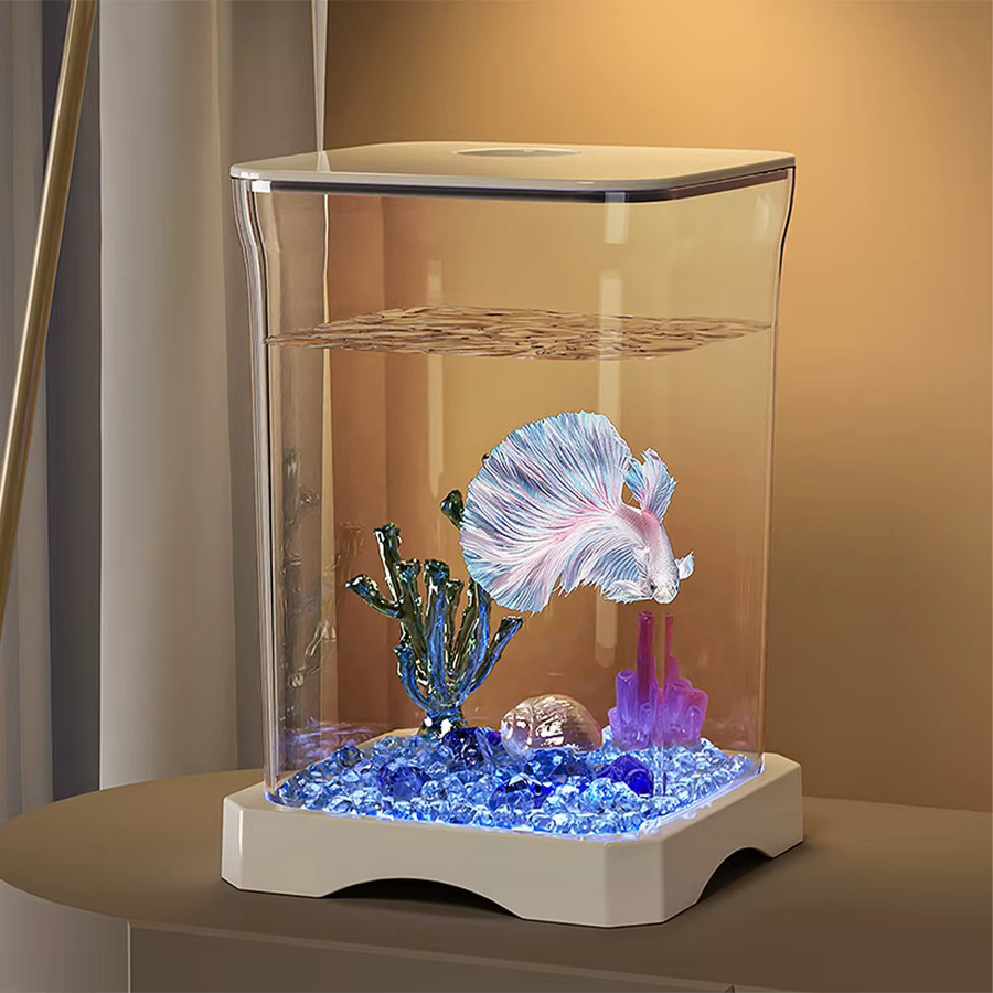 HiMISS Mini-Desktop-Betta-Aquarium-Starter-Set, ultratransparent, Weiß, B/T/H: 11,8 x 11,8 x 17,7 cm - Bild 1