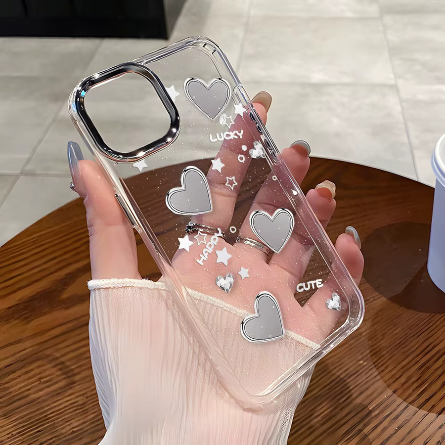Silberne Silikon-Handyhülle mit Herz-Design für Apple iPhone (Modelle: 11, 12, 13, 14, 15, 16, 17 Pro Max), transparent und stoßfest - Bild 2