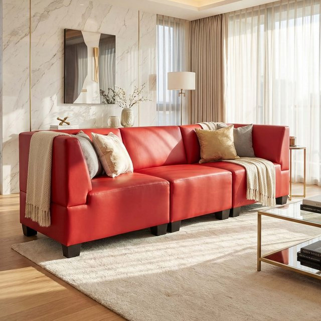 MCW Modular 3-Sitzer Sofa Moncalieri in Rot mit Kunstleder und hohen Armlehnen, B/T/H: 197 x 72 x 76 cm - Bild 1
