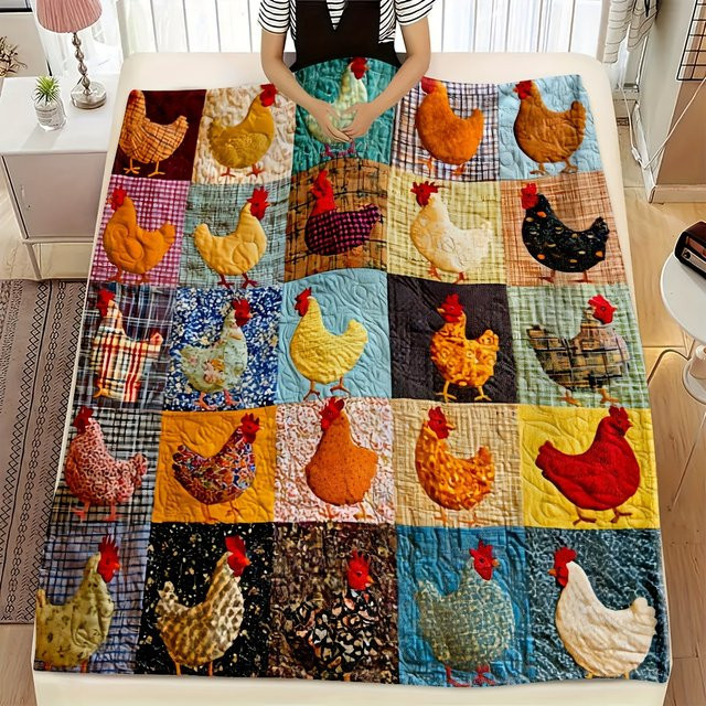 VIKAMA Henne-Patchwork-Decke im ländlichen Stil, weich und hautfreundlich, Mehrfarbig, B/T: 90 x 75 cm - Bild 1