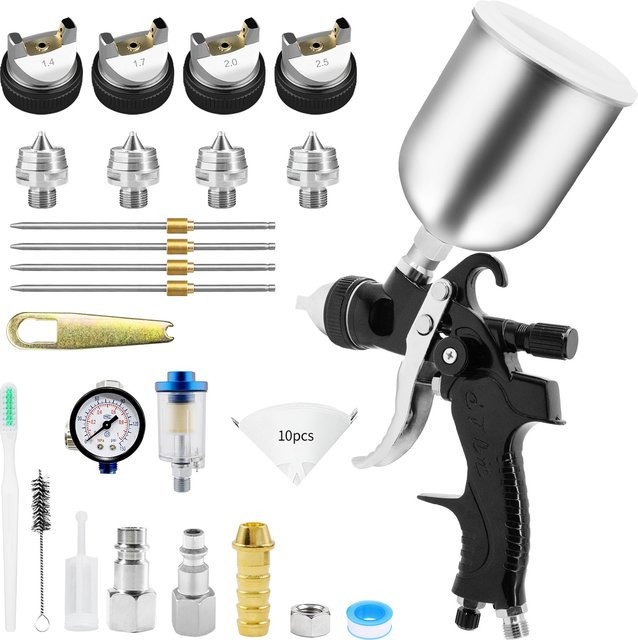 KCNKCN HVLP Spritzpistole Set für Automotive Lackierungen in Schwarz mit Düsen 1,4mm, 1,7mm, 2,0mm und 2,5mm sowie Luftkompressor-Regler - Bild 1