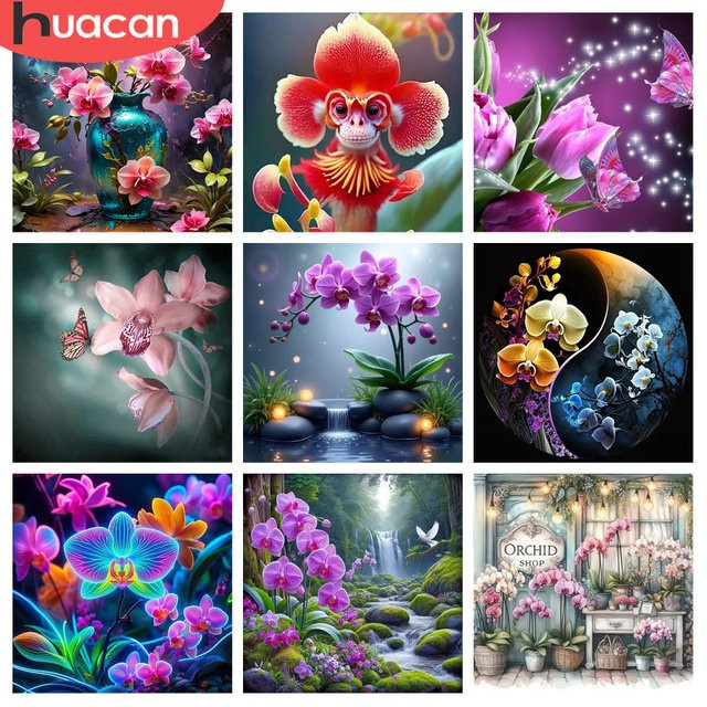 HUACAN 5D Diamantmalerei Orchidee Blume Mosaik Wanddekoration DIY Vollplatz Runde Dekoration in Mehrfarbig - Bild 1
