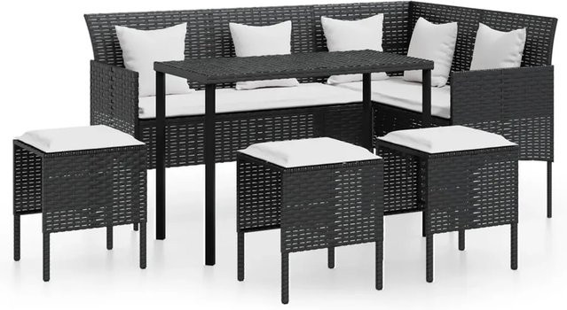 vidaXL 5-tlg Garten-Sofagarnitur in L-Form mit Kissen und Couchtisch aus Poly Rattan und Metall, Schwarz - Bild 1
