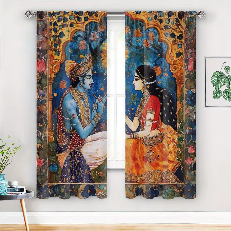 VIKAMA 2-teiliges Set Verdunkelungsvorhänge mit indischer Mythologie in Multicolour für Schlafzimmer und Wohnzimmer - Bild 3