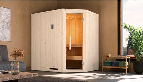 Weka Elementsauna Varberg Trend 1 Sparset in Weiß mit 7,5 kW Ofen und Glastür, B/H/T: 194 x 199 x 144 cm - Bild 1