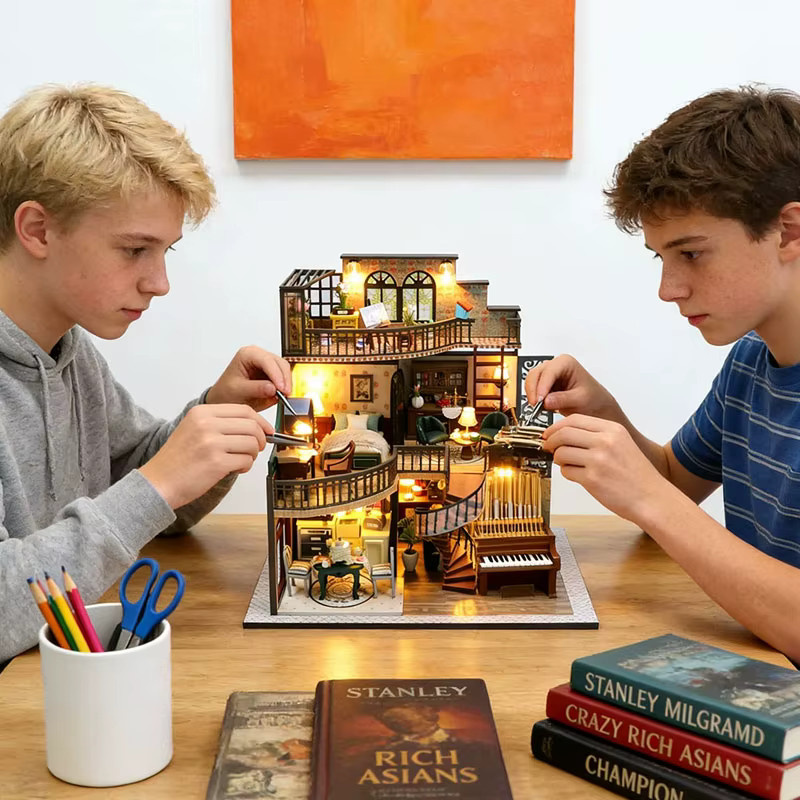 Zuuton Miniatur Puppenhaus Kit Retro Villa, 3D Puzzle Modell, Holz, mit LED-Lichtern - Bild 4