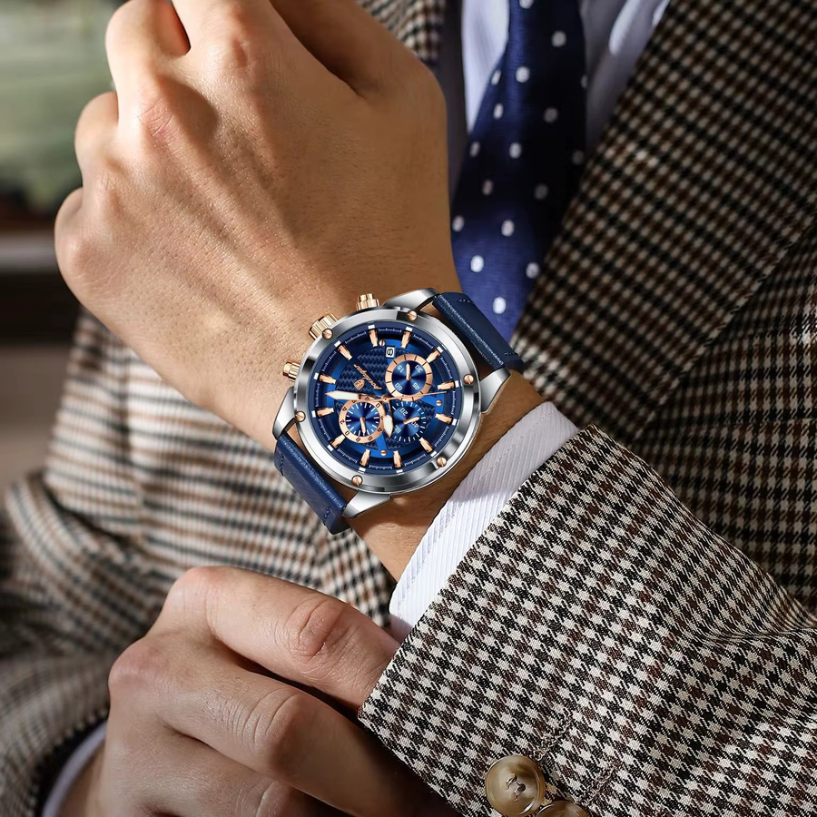POEDAGAR Chronograph, Quarz, Leder, Schwarz, Herren - Bild 5