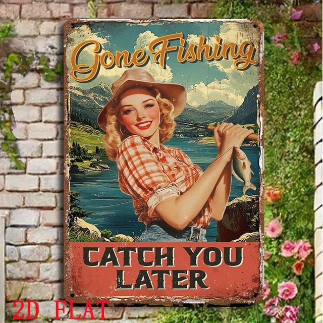 GLOBLELAND Vintage Fishing Lady Metallblechschild Retro Wandkunst mit Catch You Later Text in Mehrfarbig - Bild 1