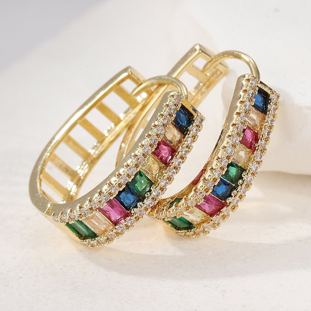 Ohrringe U-Form, Regenbogen-Zirkonia, Goldfarben, Damen - Bild 1