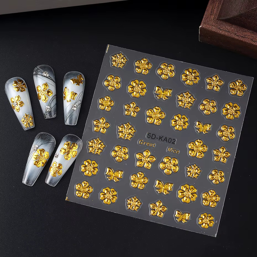 Full Beauty Nagelkunst Aufkleber, Goldene Chrom-Blüten und Schmetterlinge, Glänzend - Bild 5