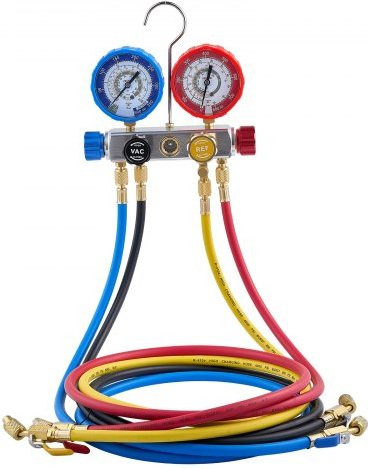 VEVOR 4-Wege-Klimaanlagen-Manometer-Set für R22 R404A R410A R12 Kältemittel mit 1,5 m Schläuchen, Multicolor - Bild 1