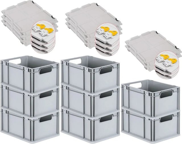 PROREGAL Spar Set 8x Eurobox Nextgen Economy mit Scharnierdeckel und gelben Schiebeschnappverschlüssen, Grau, H x B x T: 22 x 30 x 40 cm - Bild 1