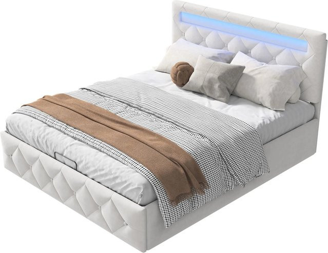 PXloue Doppelbett mit Schubladen und LED, Samt, Elfenbein/Weiß, B/T/H: 160 x 200 x 105 cm - Bild 1