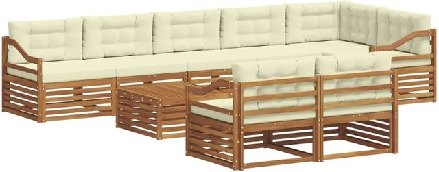 vidaXL Outdoor-Sofagarnitur 9-tlg. in L-Form aus Akazienholz mit Kissen, Natur und Creme - Bild 1