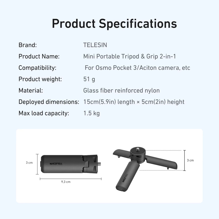 TELESIN Mini Quick Release Universal Stativ Handgriff in Schwarz für GoPro Insta360 und DJI Osmo Action Kameras mit 1/4 Zoll Schrauben Adapter - Bild 5